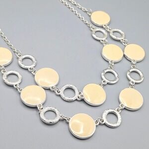 Gloria Vanderbilt‎ Cream Enamel Necklace Two-Strand Silver Tone Textured Circles